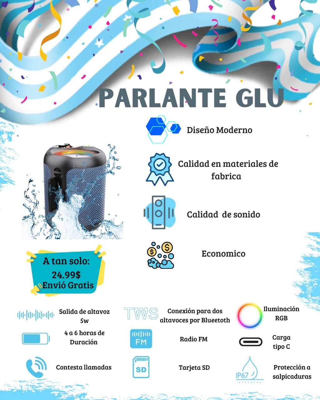 PARLANTE GLU BLUETOOTH CON LUCES RGB