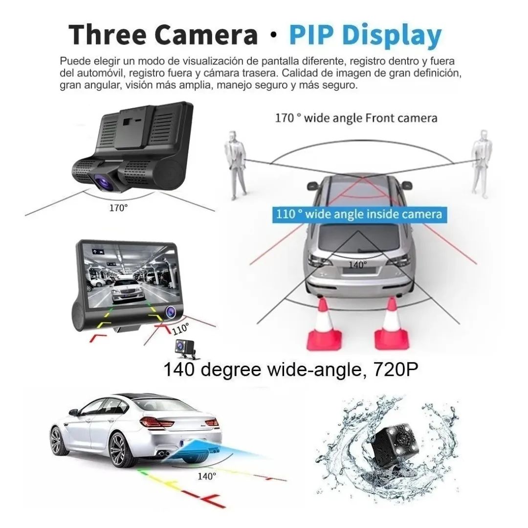 CAMARA DVR TRES LENTES PARA AUTO 1080P