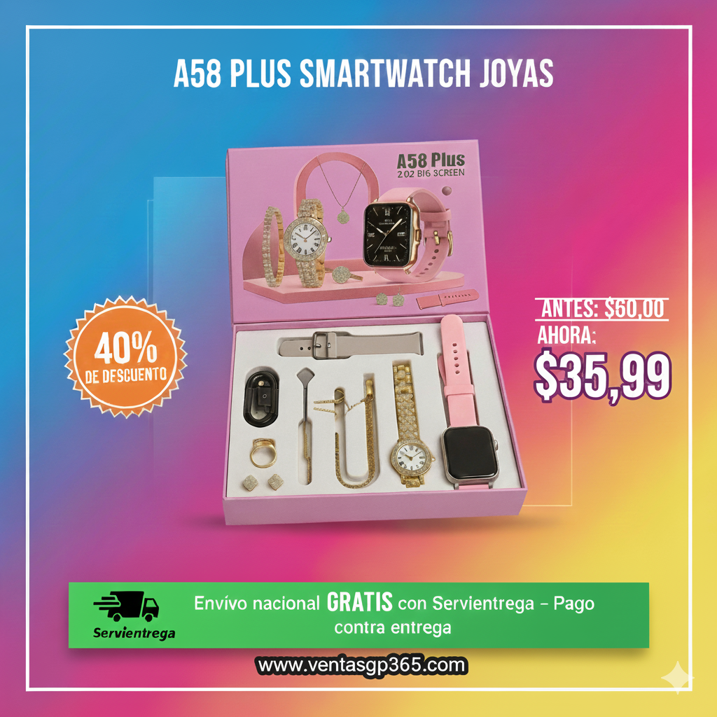 Smartwatch A58 Plus (Envío gratis por Servientrega a todo el Ecuador y *pagas sólo al recibir*. Escríbenos por WhatsApp si tienes más dudas o para tomar tu pedido manualmente. También puedes poner tú mismo el pedido abajo al final en la página.